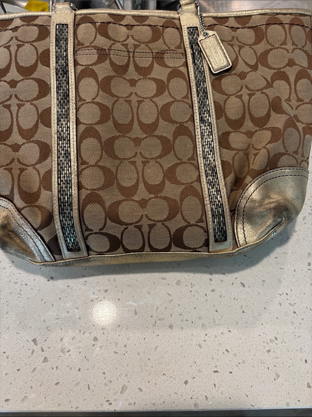 Coach Brown Signature Canvas Tote with Metallic Trim